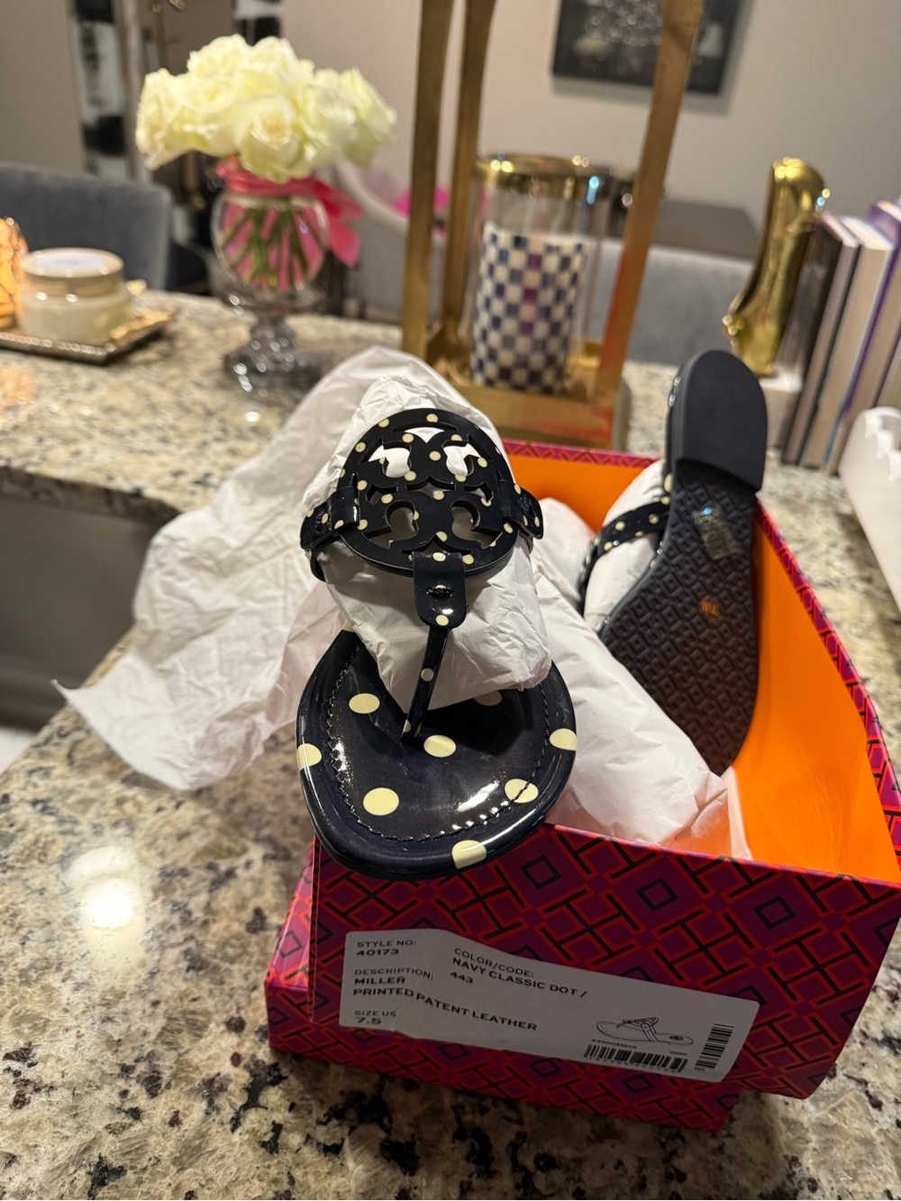 Tory Burch Black Patent Leather Polka Dot Thong Sandals